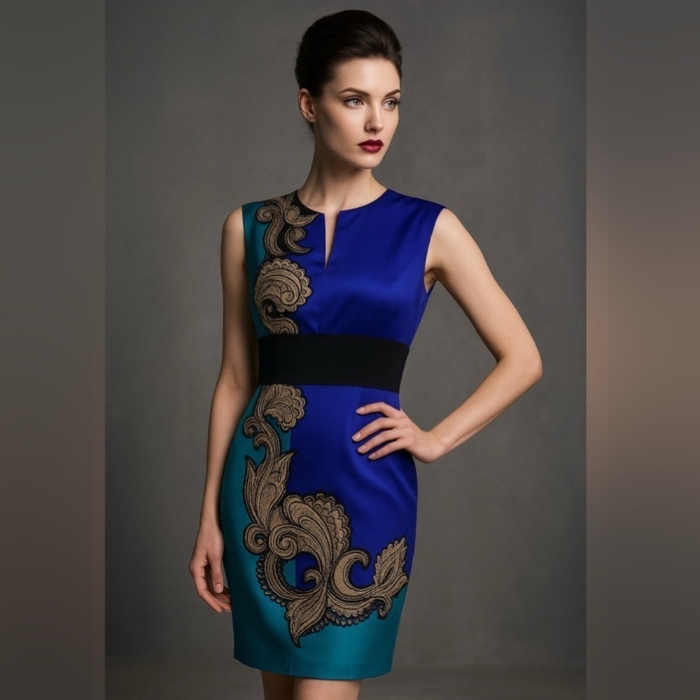 Trina Turk Vibrant Blue and Black Patterned Dress